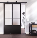 Ansicht von Schiebetür-Set Stahl Lofttür satiniet mit Sprossen 1-2 und Metalleinlage inkl. Schiebetürsystem Morelia - Lienbacher Glas
