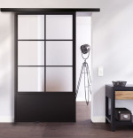 Ansicht von Schiebetür-Set Stahl Lofttür mit Sprossen 1-2 und Metalleinlage satiniert inkl. Schiebetürsystem Smart Line Soft - Lienbacher Glas